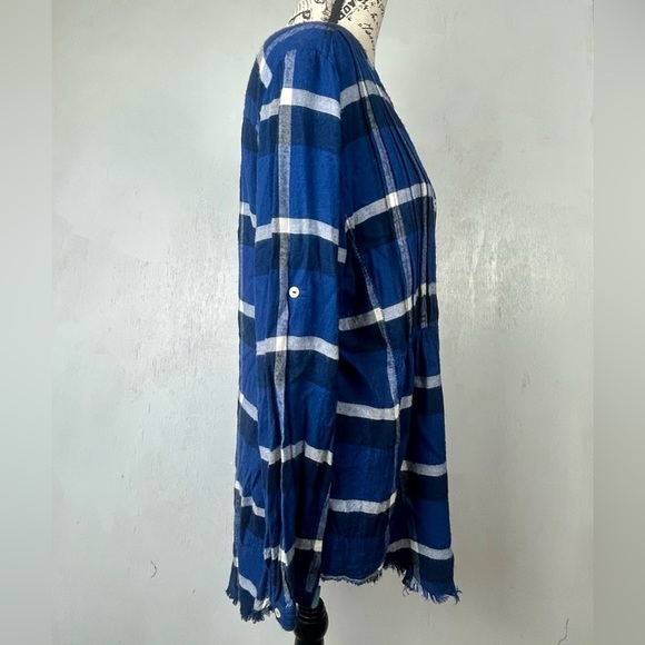 Anthropologie | HOLDING HORSES button up roll tab fringe hem blue plaid country - Picture 4 of 16